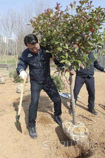 [크기변환]5-3. 1일 향남읍 방축공원에서 열린 도시숲 나무심기 행사에서 정명근 화성특례시장이 홍가시나무를 심고 있다.jpg