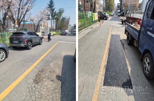 [크기변환]5. 용인특례시가 보수작업을 진행한 도로의 포트홀 복구작업 전(사진 왼쪽)과 후(사진 오른쪽)의 모습..jpg