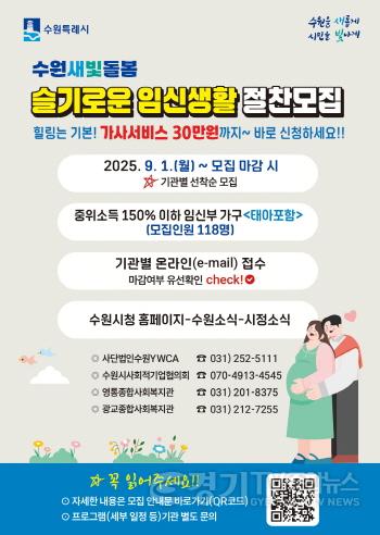 [크기변환]1. 수원시, ‘수원새빛돌봄 슬기로운 임신생활’참여자 모집…선착순 118명에게 가사지원.jpg