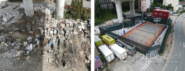 [크기변환]1-1. 용인특례시 기흥구가 신갈동 537-85번지 고가도로 하부를 시민편의시설로 조성한 모습. 사진은 조성 전(왼쪽)과 조성 후(오른쪽).png