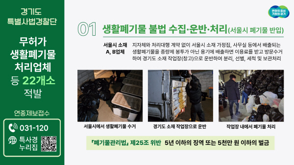 [경기티비종합뉴스] 경기도 특사경, 생활폐기물 처리체계 흔드는 무허가 처리업체 등 22개소 적발