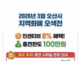 [경기티비종합뉴스] 오산시, 3월 오색전 8% 지급…충전 한도 100만 원